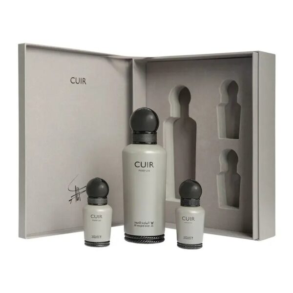 بوكس هدايا الماجد للعود – عطر كُويـر (Cuir) – 3 قطع