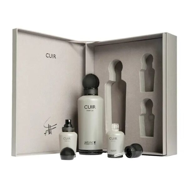 بوكس هدايا الماجد للعود – عطر كُويـر (Cuir) – 3 قطع